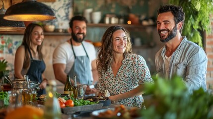 Friends Enjoying a Meal Together at a Rustic Table