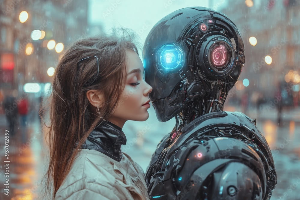 Canvas Prints Emotional connection between a woman and a humanoid robot in a snowy outdoor setting emphasizing the warmth of human robot interaction in a cold natural environment