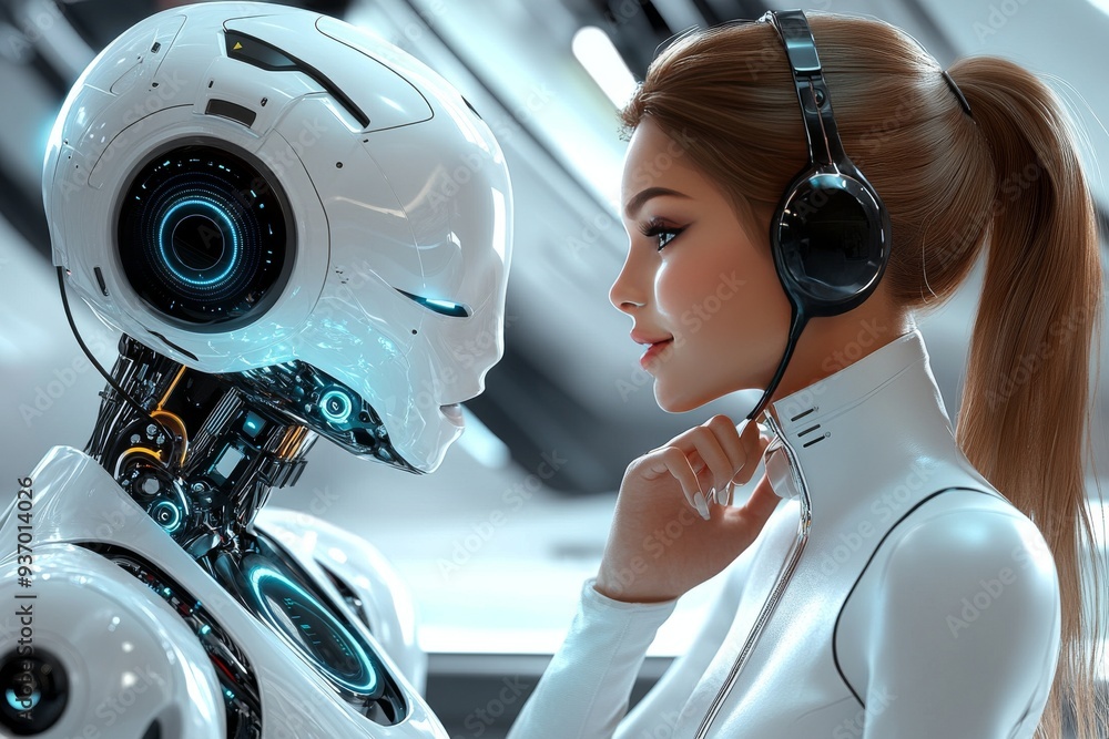 Aufkleber close up of a woman and a futuristic android in a technological setting highlighting the blend of hu