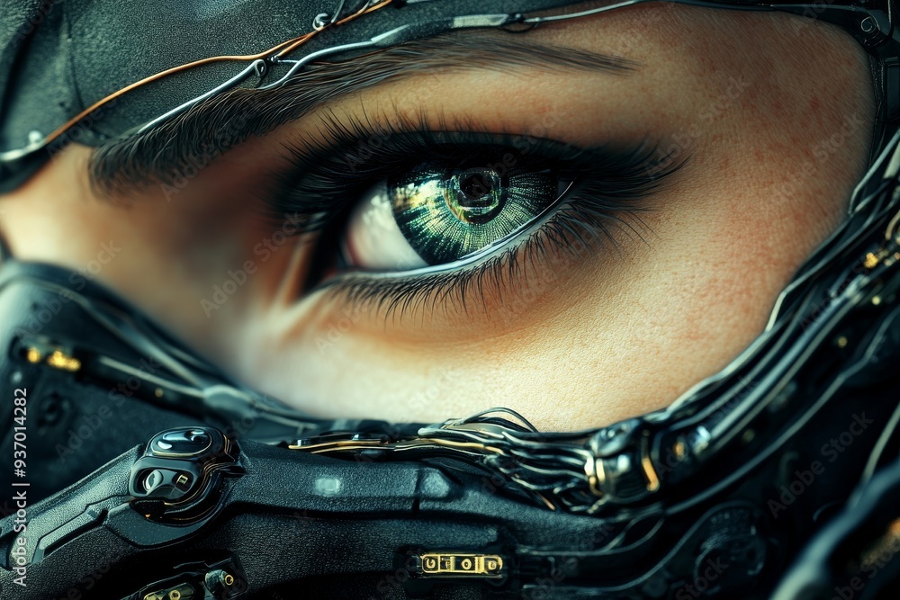 Poster close up of a woman with a cybernetic eye representing the deep integration of technology with human