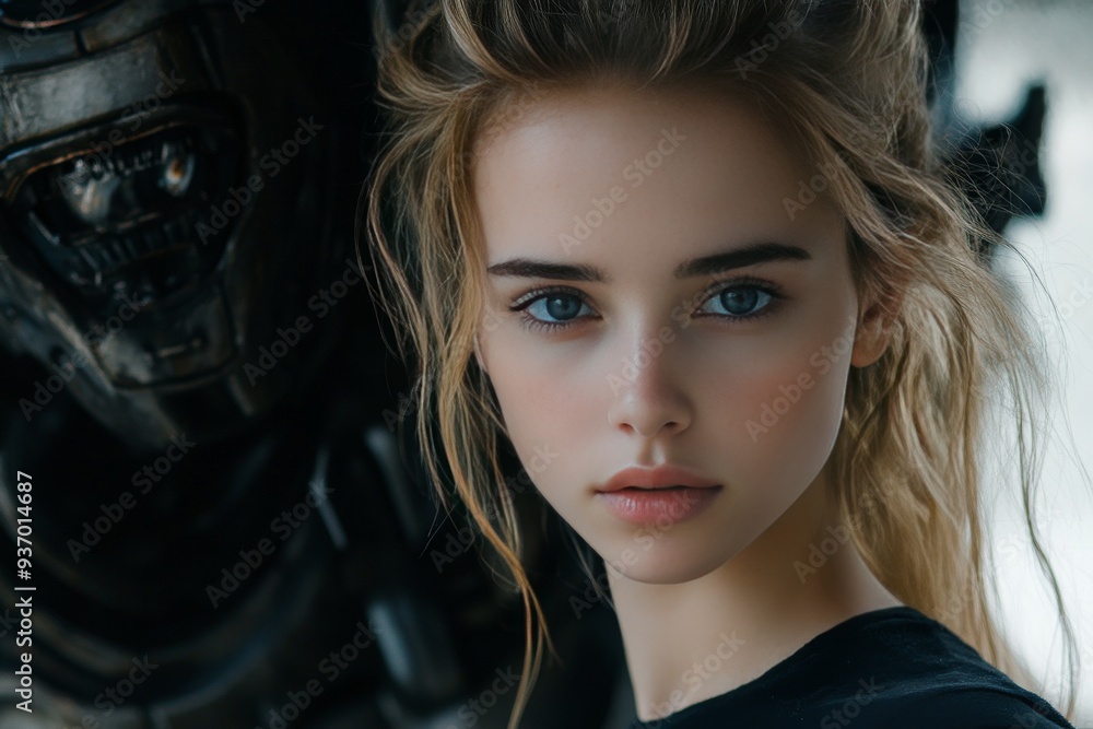 Poster woman with a serious expression standing beside a humanoid figure in a dark futuristic setting symbo