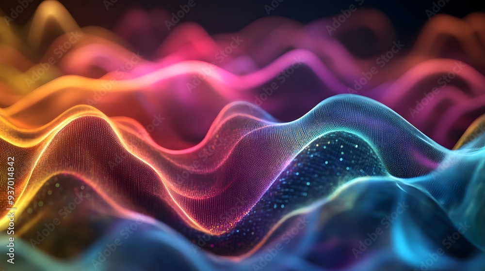Poster 90. colorful, flowing waveforms creating a stunning visual effect in a clear 3d environment