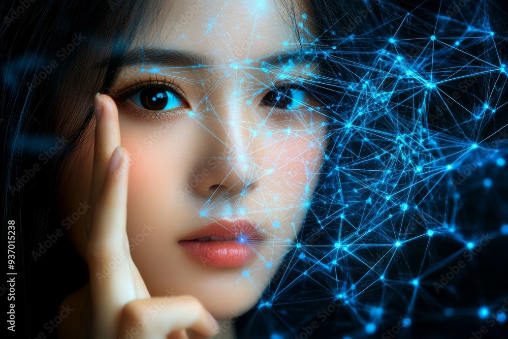 Poster close up of a woman with glowing data network overlay on her face symbolizing the deep connection be