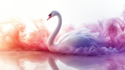 Elegant White Swan with Colorful Smoke Background in Soft Lighting