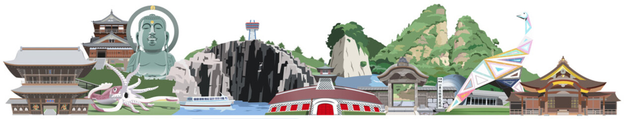 北陸4県観光地イラストアイコン集合