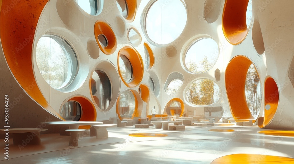 Poster modern architecture with circular windows and orange accents