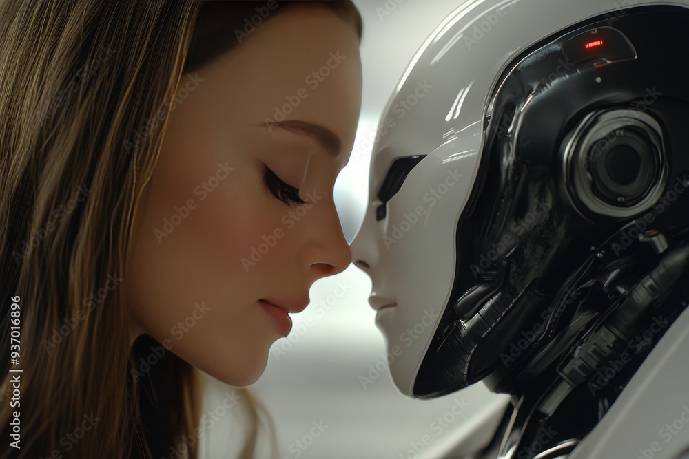 Poster close up of a woman and a humanoid robot facing each other symbolizing the intimate relationship and