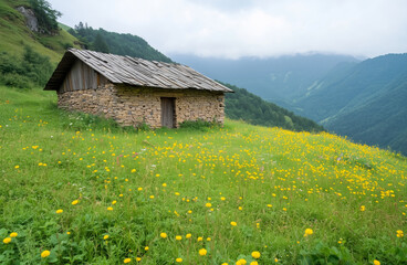 A quaint stone cabin sits in a lush, green mountain meadow filled with yellow wildflowers under a misty, cloudy sky