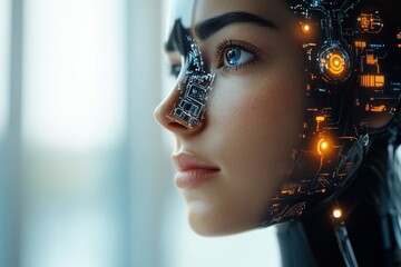 Close up of a woman with cybernetic facial enhancements representing the transformation of human identity through advanced technology and evolution of cybernetic augmentation in a futuristic world