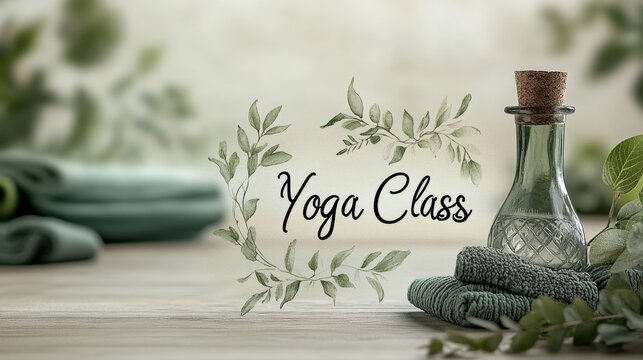 Yoga Class Announcement Banner with Green Foliage and Essential Oil Bottle - Powered by Adobe