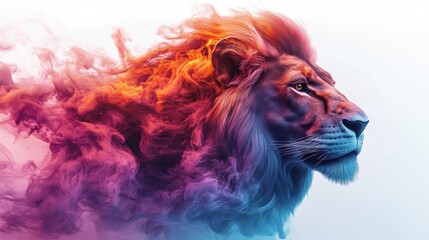 Majestic Lion with Vibrant Colorful Smoke Mane on White Background - Digital Art Illustration