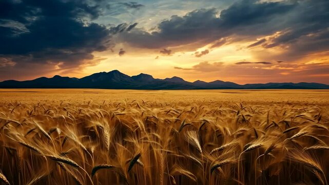 Animation of ears of golden wheat sways in the wind. Close up beauty sunny nature field background. Ripening ears of meadow wheat field. Rich harvest. Beautiful summer or autumn nature