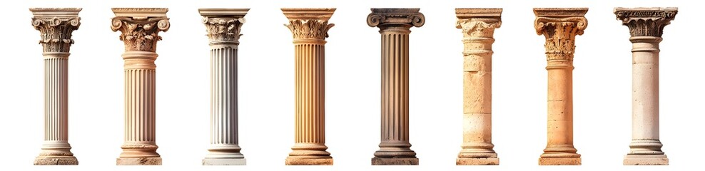 Obraz premium Set of Eight Ancient Stone Columns Isolated on White Background.