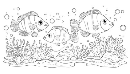 Fototapeta premium Three Fish Swimming in Coral Reef.