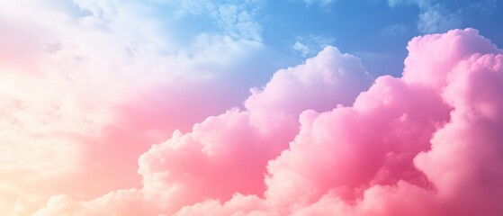 Naklejka premium A serene sky filled with fluffy pink clouds, blending beautifully with soft blue hues, creating a calming and dreamy atmosphere.