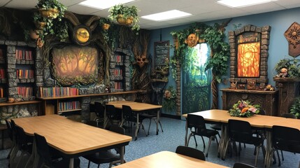 Enchanted Forest Classroom Decor with Stone Wall and Bookshelves