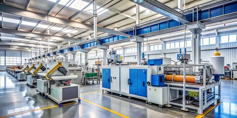 Fototapeta premium Plastic factory with extrusion machine, producing industry technology equipment