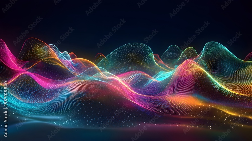 Poster 78. colorful waveforms in neon hues creating a stunning, fluid effect in a clear environment