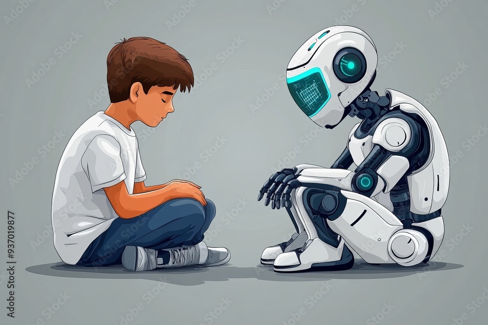 Poster young boy and a small robot sitting on the ground symbolizing the innocent and curious relationship 