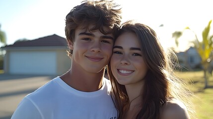 Young Couple Smiling Together Outdoors.