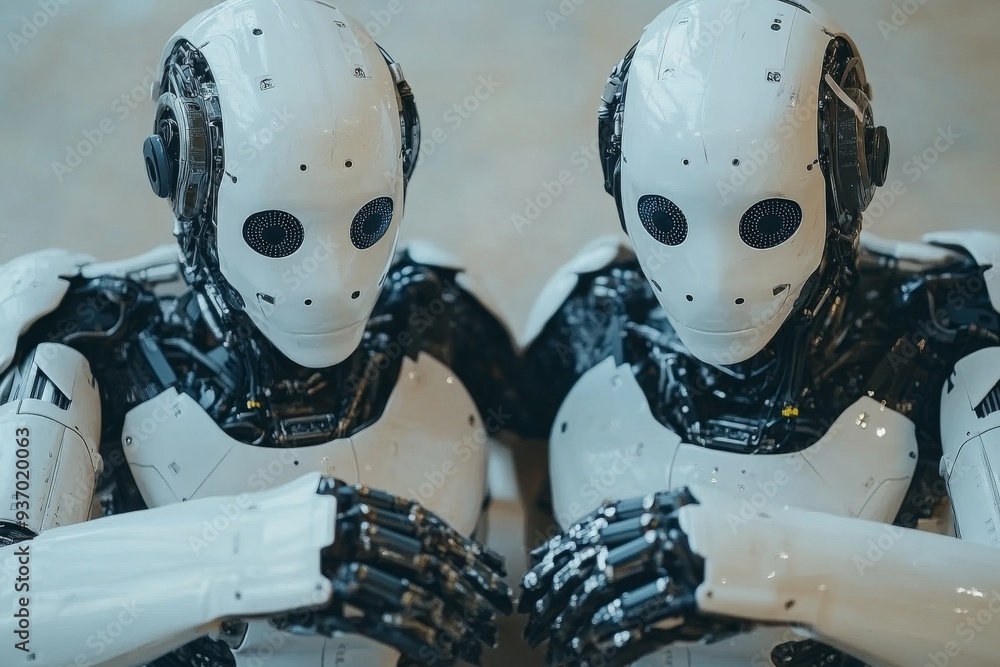 Poster three humanoid robots sitting closely together symbolizing the collective intelligence and unity of 