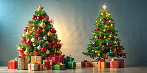 Festive Christmas tree adorned with ornaments and surrounded by colorful gifts underneath