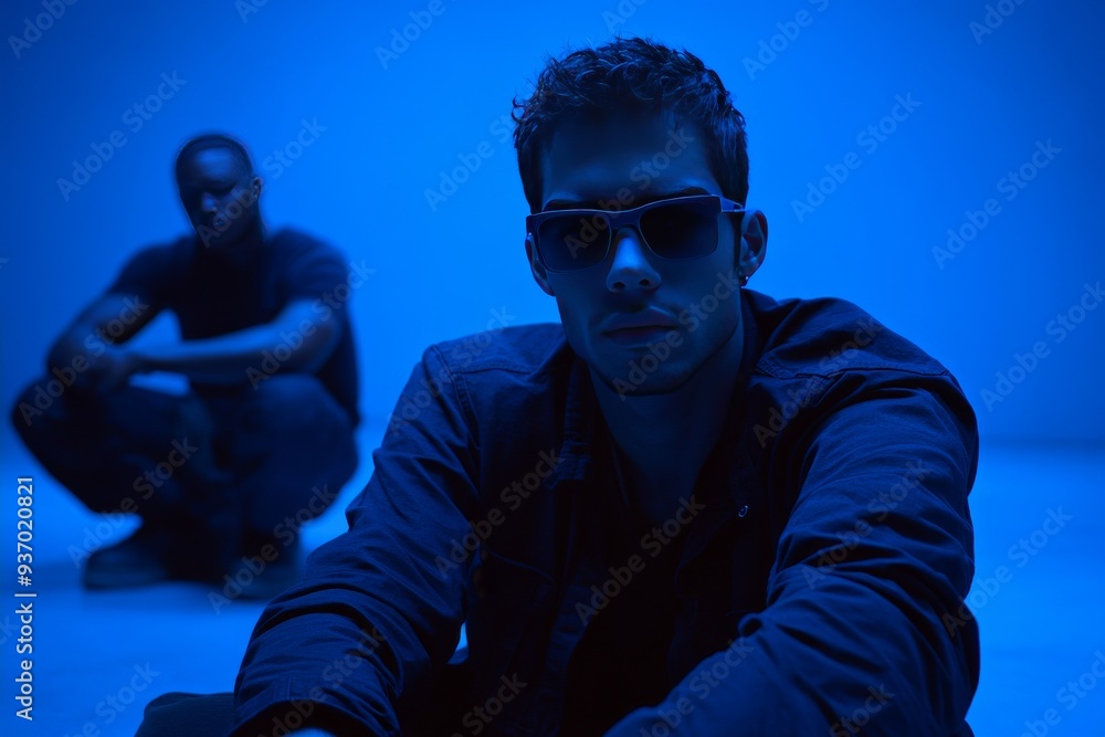 Poster man sitting in a dark blue lit room representing introspection and the deep connection between human