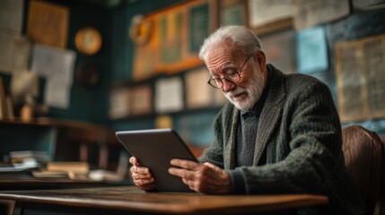Senior Man Using Tablet Computer in Rustic Setting