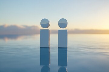 Minimalistic scene with two abstract humanoid figures standing on a reflective surface representing the simplicity and elegance of human robot interactions in a digital high tech world