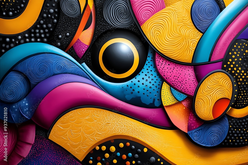 Poster vibrant abstract art featuring colorful swirls and geometric patterns, perfect for modern decor and 