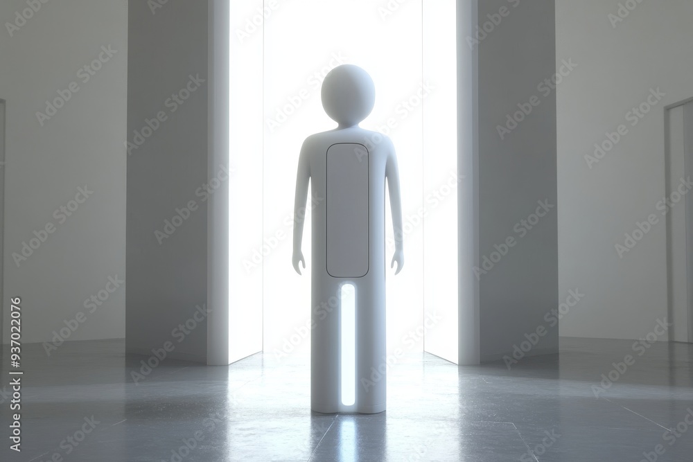 Poster abstract minimalist scene of a lone figure standing in a brightly lit corridor symbolizing isolation