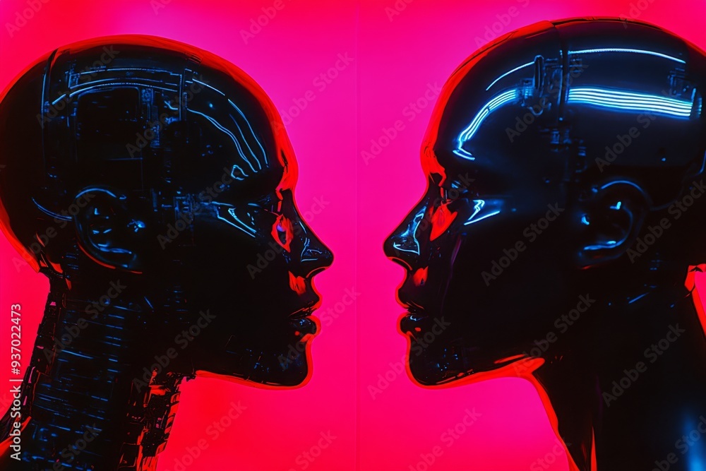 Poster two futuristic robotic heads facing each other in a neon lit environment symbolizing the communicati