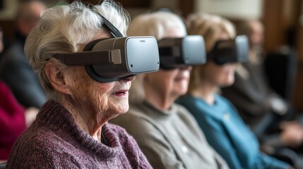 Senior woman wearing virtual reality headset  enjoying VR experience  group activity  technology adoption  elderly technology