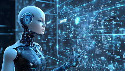 Fototapeta premium 3D AI artificial intelligence robot engineer digital technology security power energy sustainable environment technology futuristic interface, 3D city interface. Generative AI