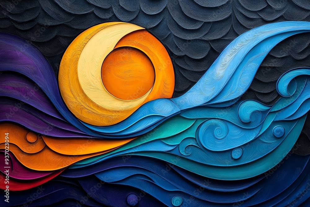 Poster vibrant abstract artwork featuring a bold sun and flowing waves, representing energy and tranquility