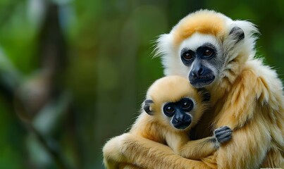 Obraz premium close image of Yellow Cheeked Gibbon monkey (Nomascus Gabriallae) mother with child in the forest. 