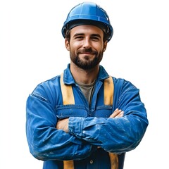 Confident Construction Worker in Blue Coveralls and Hard Hat.