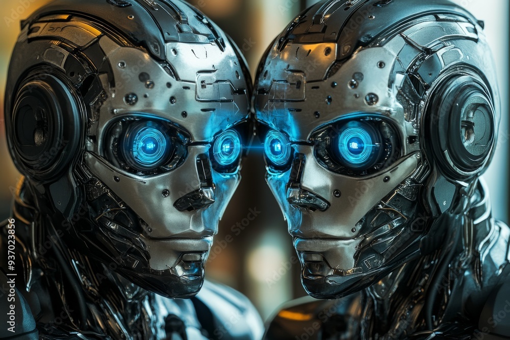 Poster two humanoid robots with glowing blue eyes facing each other representing the communication and conn