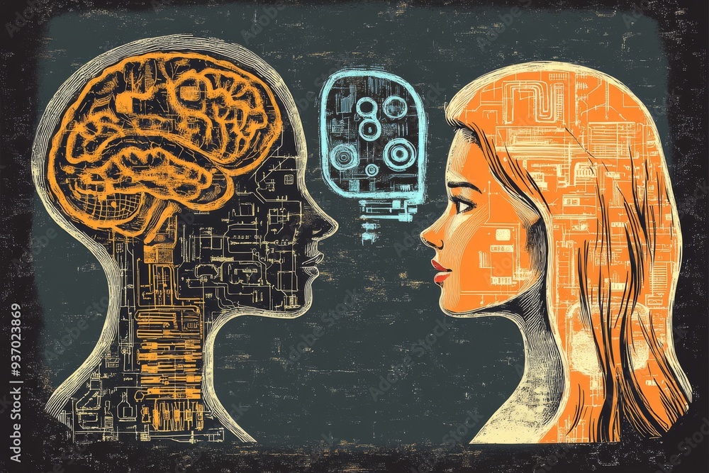 Poster artistic depiction of human and robotic heads with brain interfaces symbolizing the integration of h