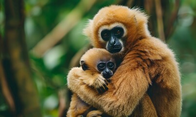 Obraz premium close image of Yellow Cheeked Gibbon monkey (Nomascus Gabriallae) mother with child in the forest. 