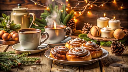 Fototapeta premium winter morning vignette festive holiday table setting cinnamon rolls steaming hot cocoa warm golden lighting joyful family gathering vintage rustic wooden decor