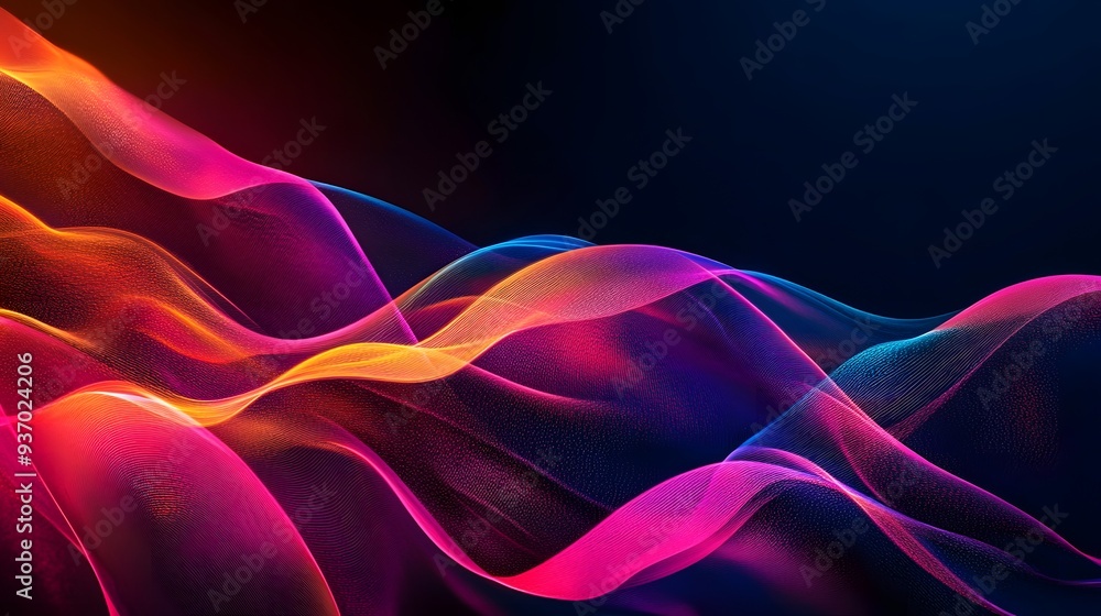 Poster 74. radiant ribbons in a gradient of neon colors forming a dynamic wave pattern