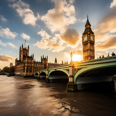 Sunset Panorama of Historic London: Big Ben, River Thames and surrounding landmarks