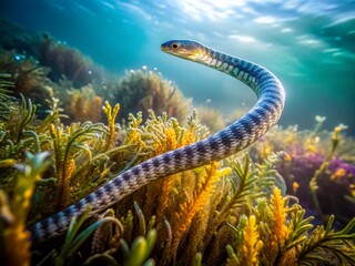 Obraz premium Intricate delicate patterns on a sea snake's scales shining iridescently as it slithers through a bed of soft velvety seaweed in a serene misty ocean morning.