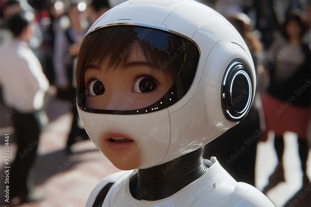 Poster close up of a child wearing a futuristic helmet in a crowded public space symbolizing the innocence 