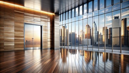 Fototapeta premium Minimalist chic wooden paneling meets sleek industrial metals modern cityscape reflected in gleaming steel abstract floor modernity style bold contrast dramatic vibrant.