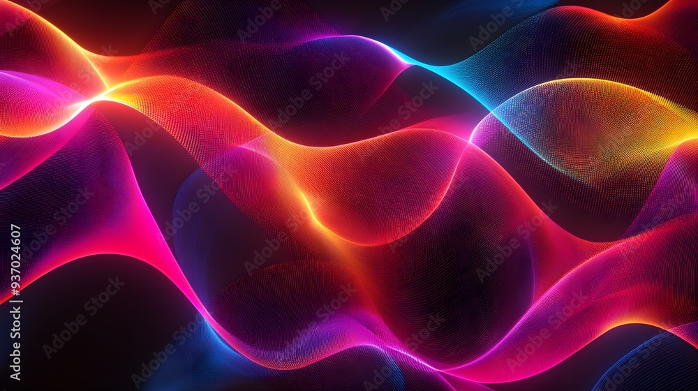 Poster 74. radiant ribbons in a gradient of neon colors forming a dynamic wave pattern
