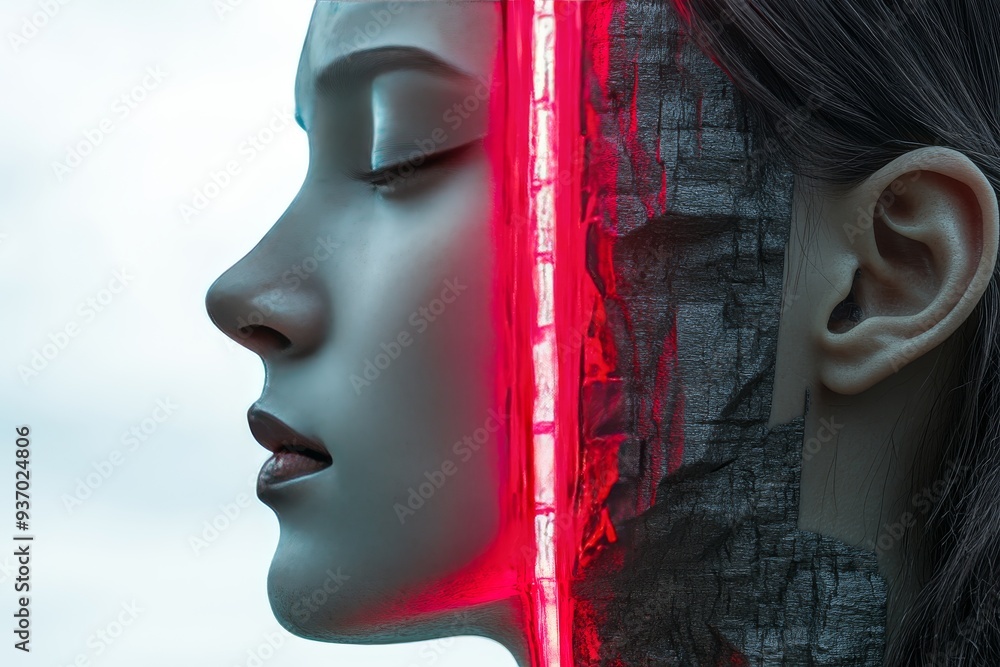 Poster artistic depiction of a womans profile with exposed circuitry and glowing red lines symbolizing the 