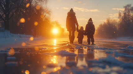 a beautiful winter day where a mother is playing with her children on the ice.