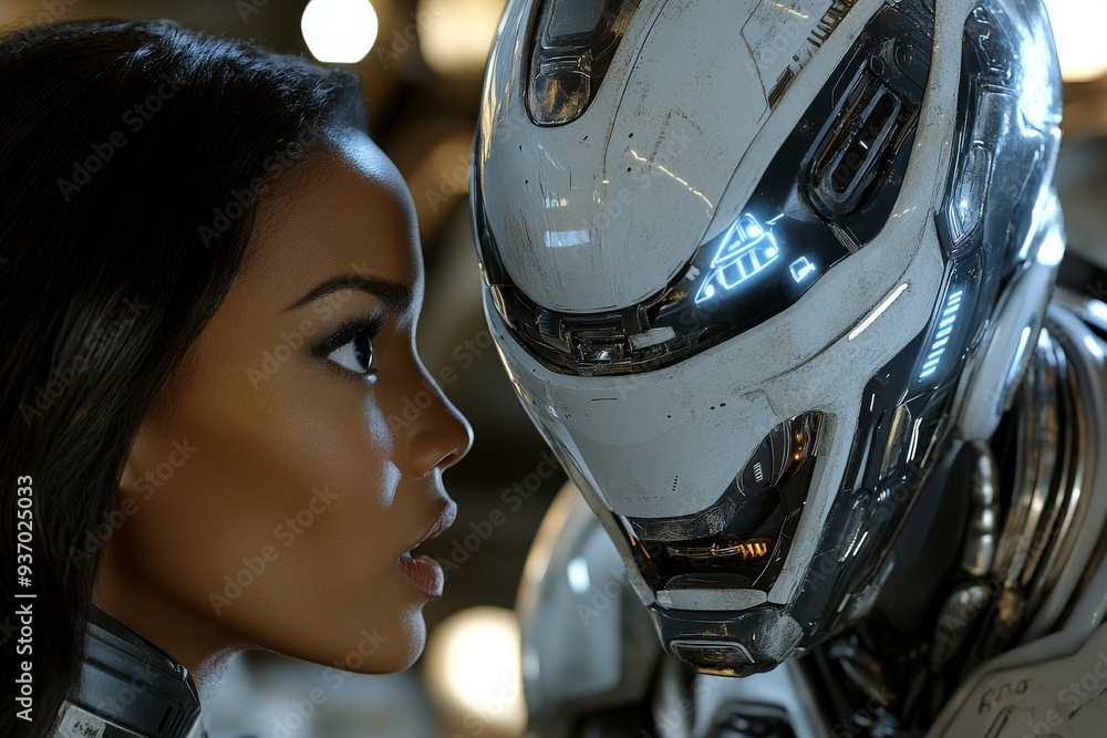 Poster close up of a woman and a humanoid robot with their foreheads touching symbolizing the deep emotiona